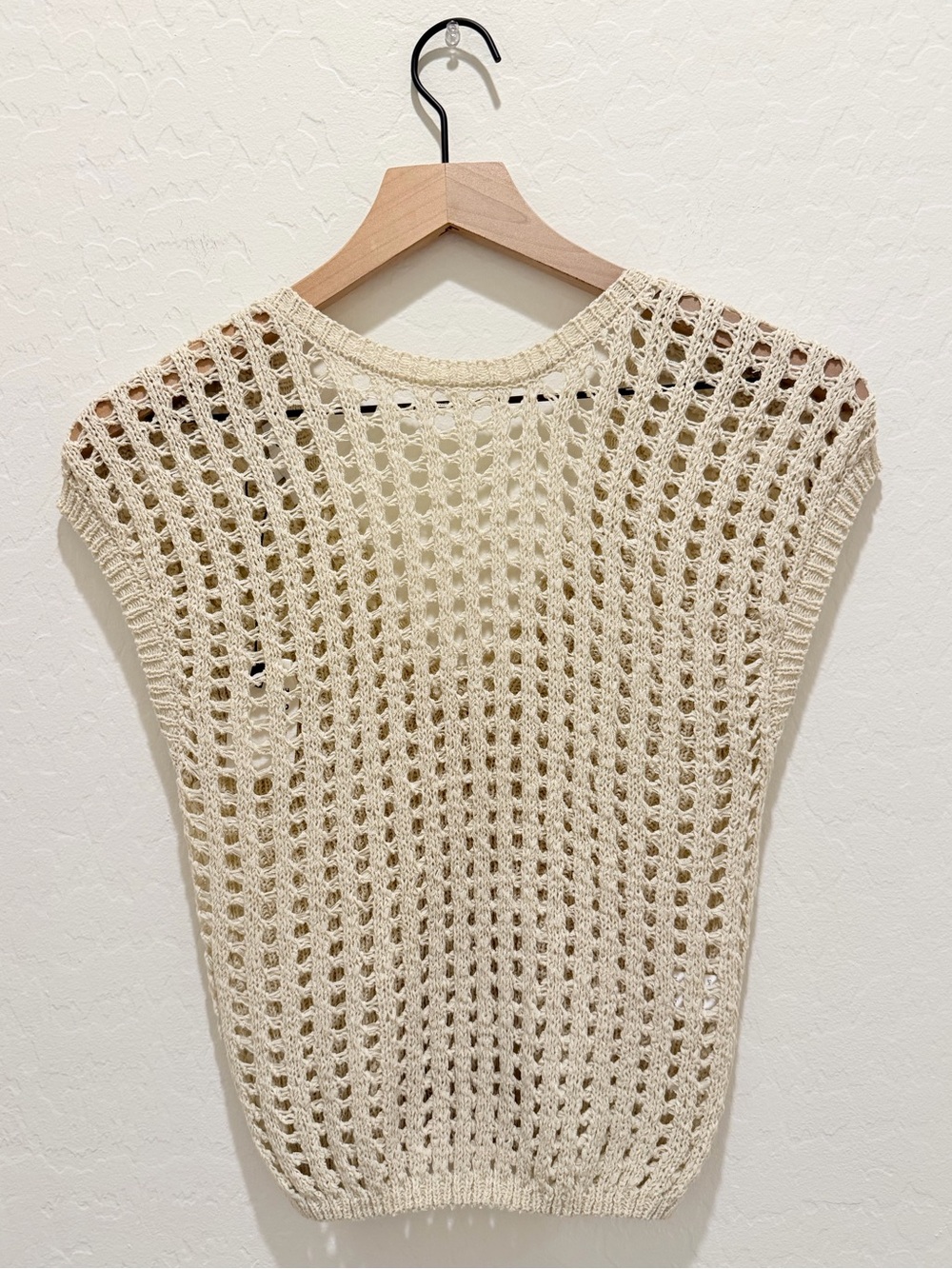 Open-Knit Cream Short-Sleeve Sweater Top